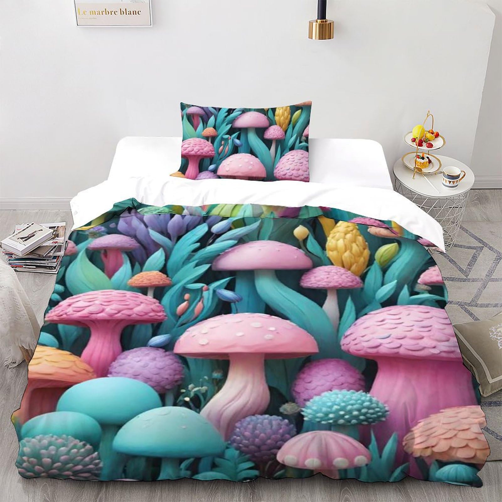Housse de couette champignons 135x200 cm hypoallergénique pour le sommeil paisible des filles