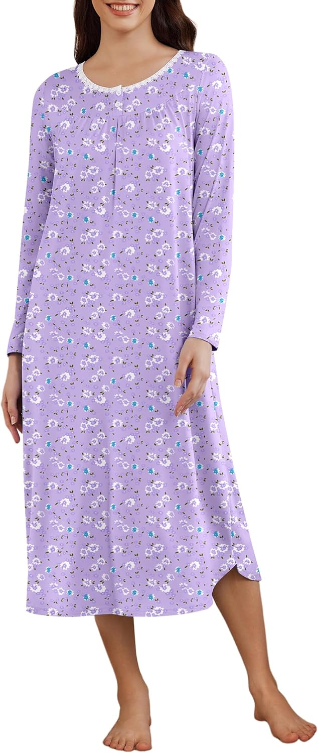 Ekouaer Women's Long Sleeve Nightgown Long Sleepshirt Henley Nightgowns Full Length Sleep Dress with Pockets S-3XL