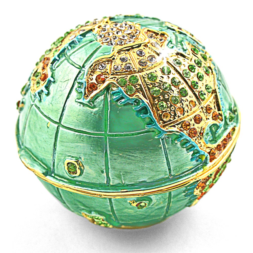 Objet D'Art Release #68 "Mother Earth" World Globe Go Green Handmade Jeweled Metal & Enamel Trinket Box