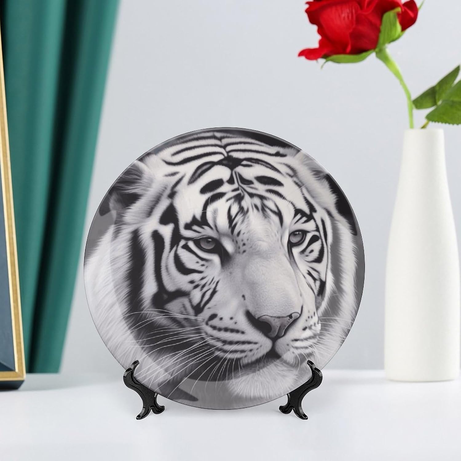 White Tiger Bone China Decorative Plate with Display Stand, Ceramic Ornaments Plate for Wall Hanging, Personalized Porcelain Plates for Office, Living Room 8inch