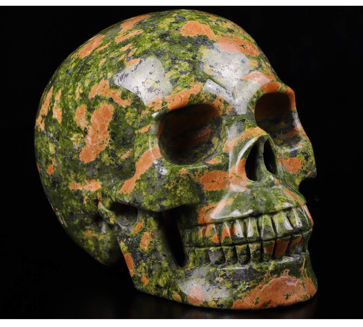 Skullis 5.0" Pink and Green Unakite Crystal Skull, Hand Carved Gemstone Fine Art Sculpture, Reiki Healing Stone Statue.