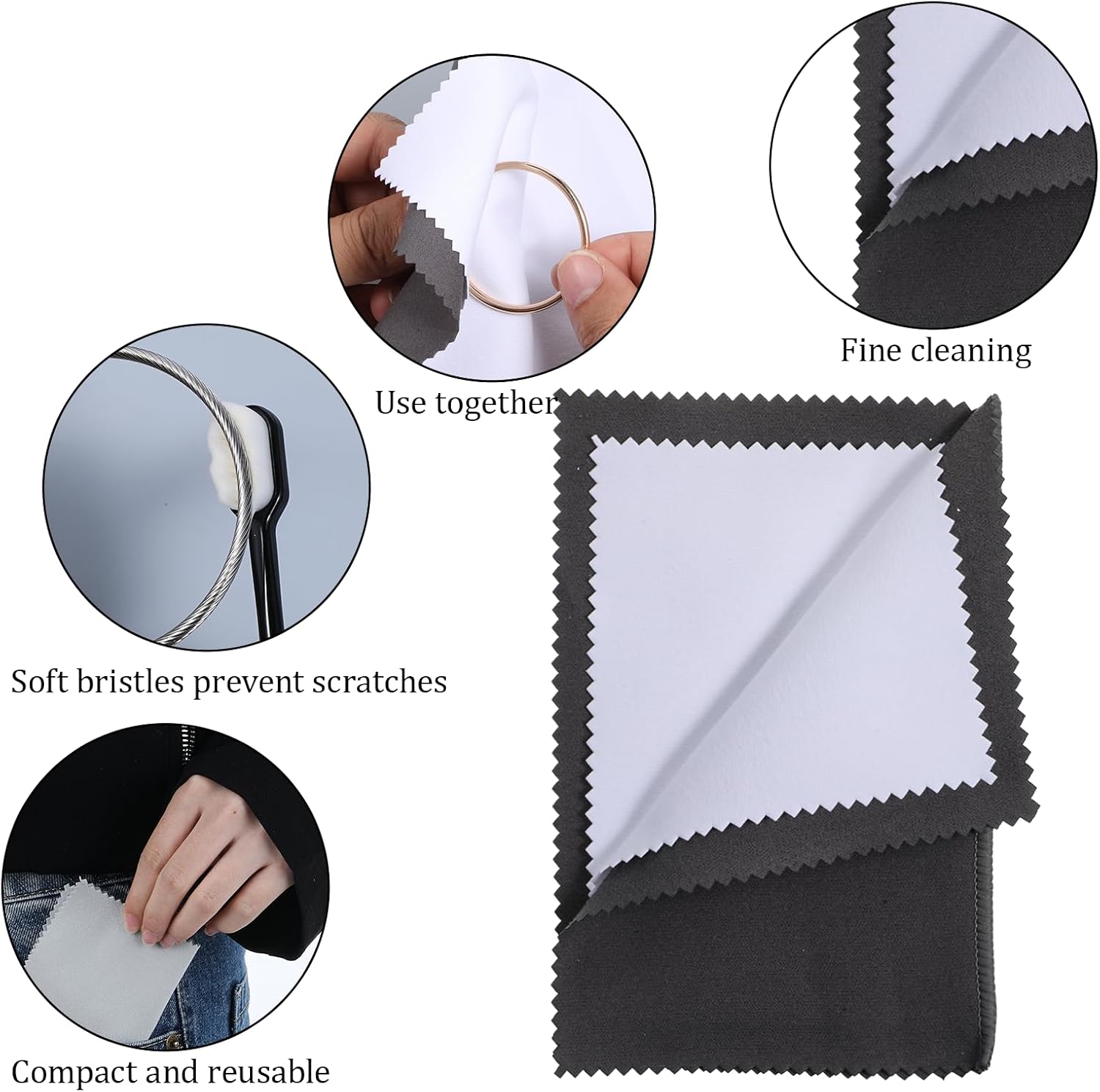 2 PCS Jewelry Cleaner Brush for Cleaning Jewelry-Cleaning Cloth Silver Clothes Gold Polishing with Black Ring Cleaner Brush for Gold, Platinum, Diamonds,Coins, Gemstones (Black, Gray)