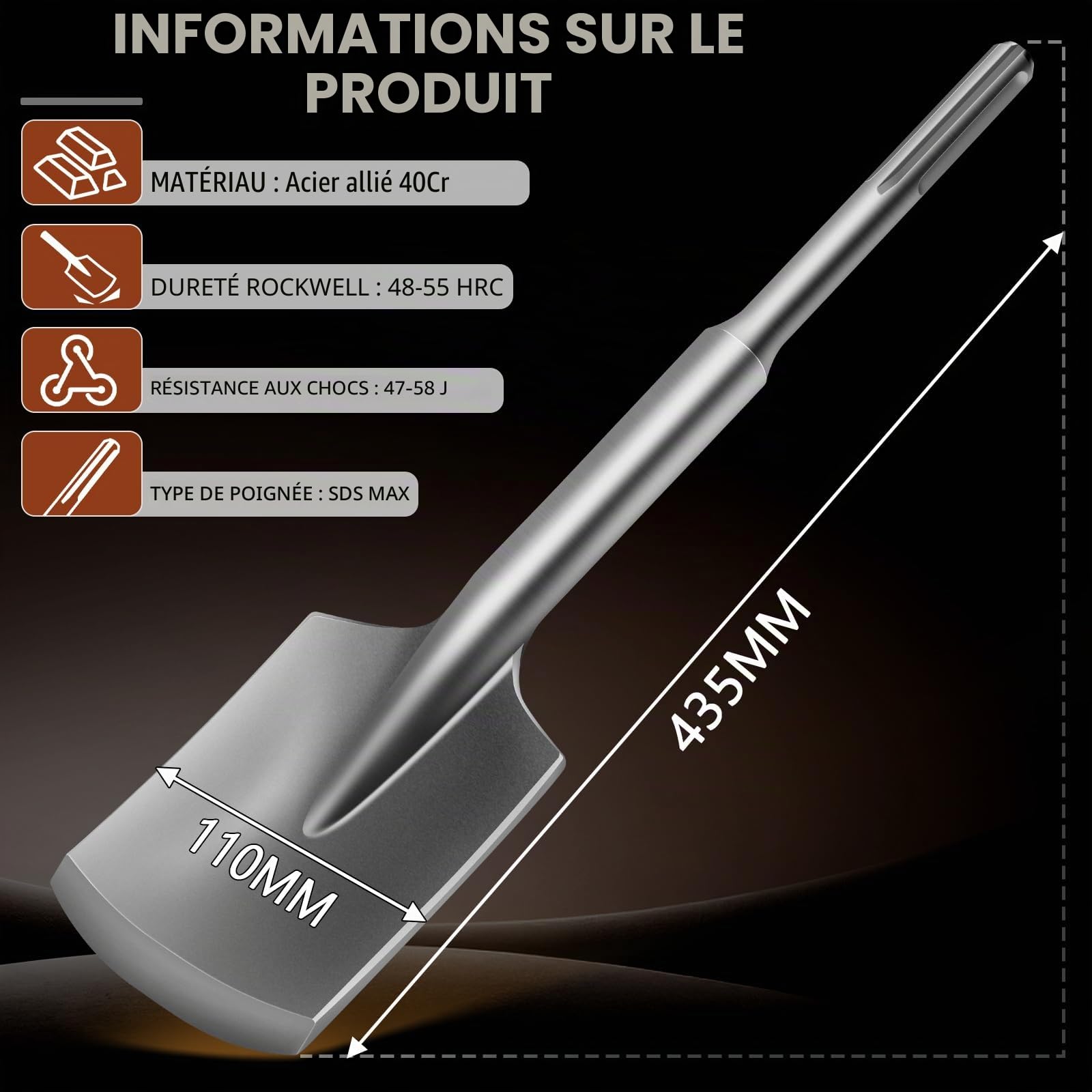 Burin à pelle SDS Max 110 x 435 mm Max Burin asphalte avec coffret en plastique