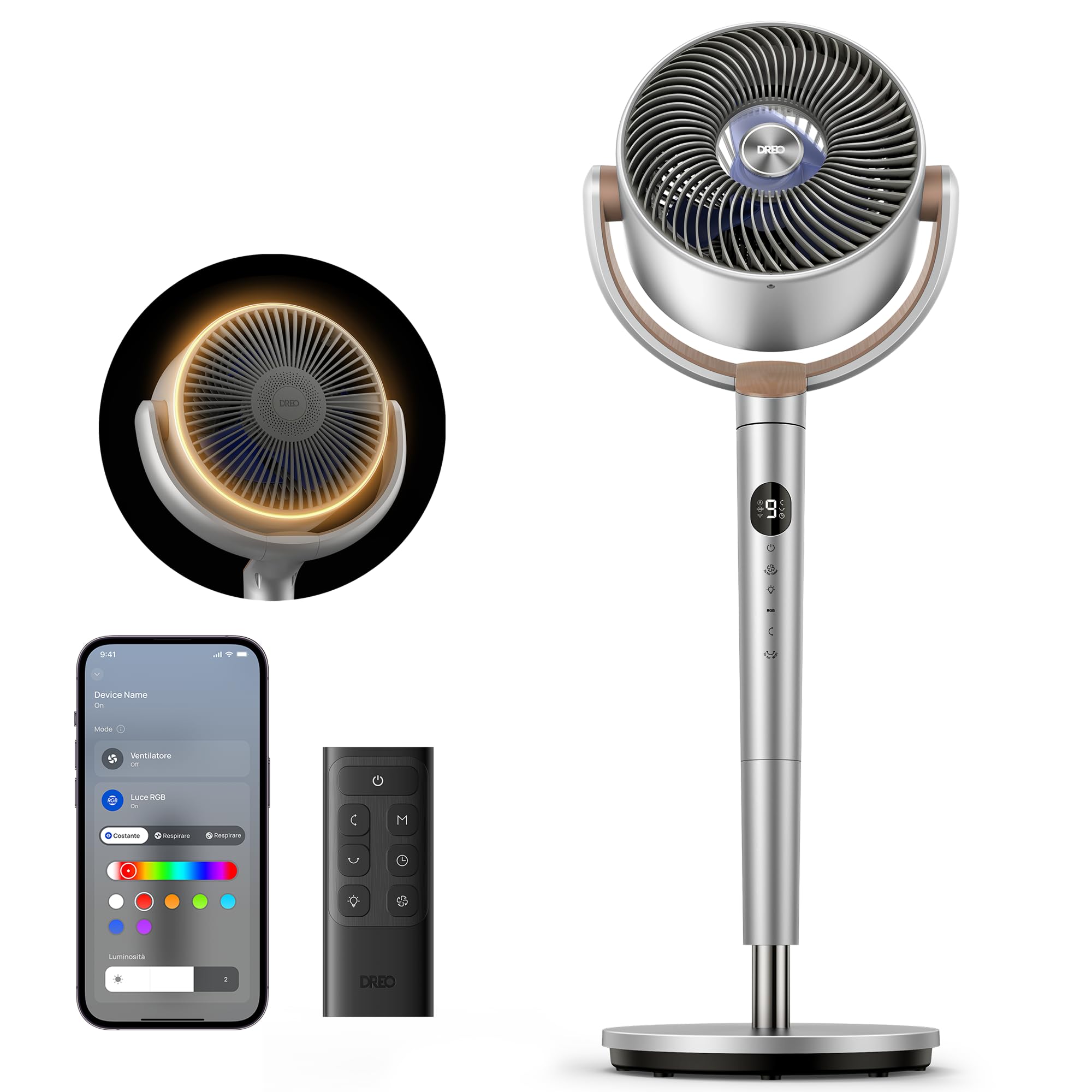 Dreo 23dB Smart ventilatore a piantana silenzioso, portata 24M, volume d'aria 1200m³/​h, turbo circolatore, altezza 102CM, 6 modalità, 8 velocità, oscillazione omnidirezionale 120°+​120°, PolyFan 502S