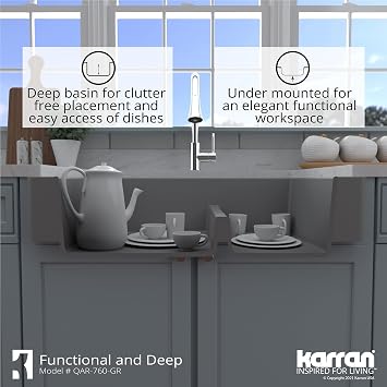 Karran QAR-760 Retrofit Farmhouse/Apron-Front Quartz Composite 34 in. Double Offset Bowl Kitchen Sink Kit in Grey