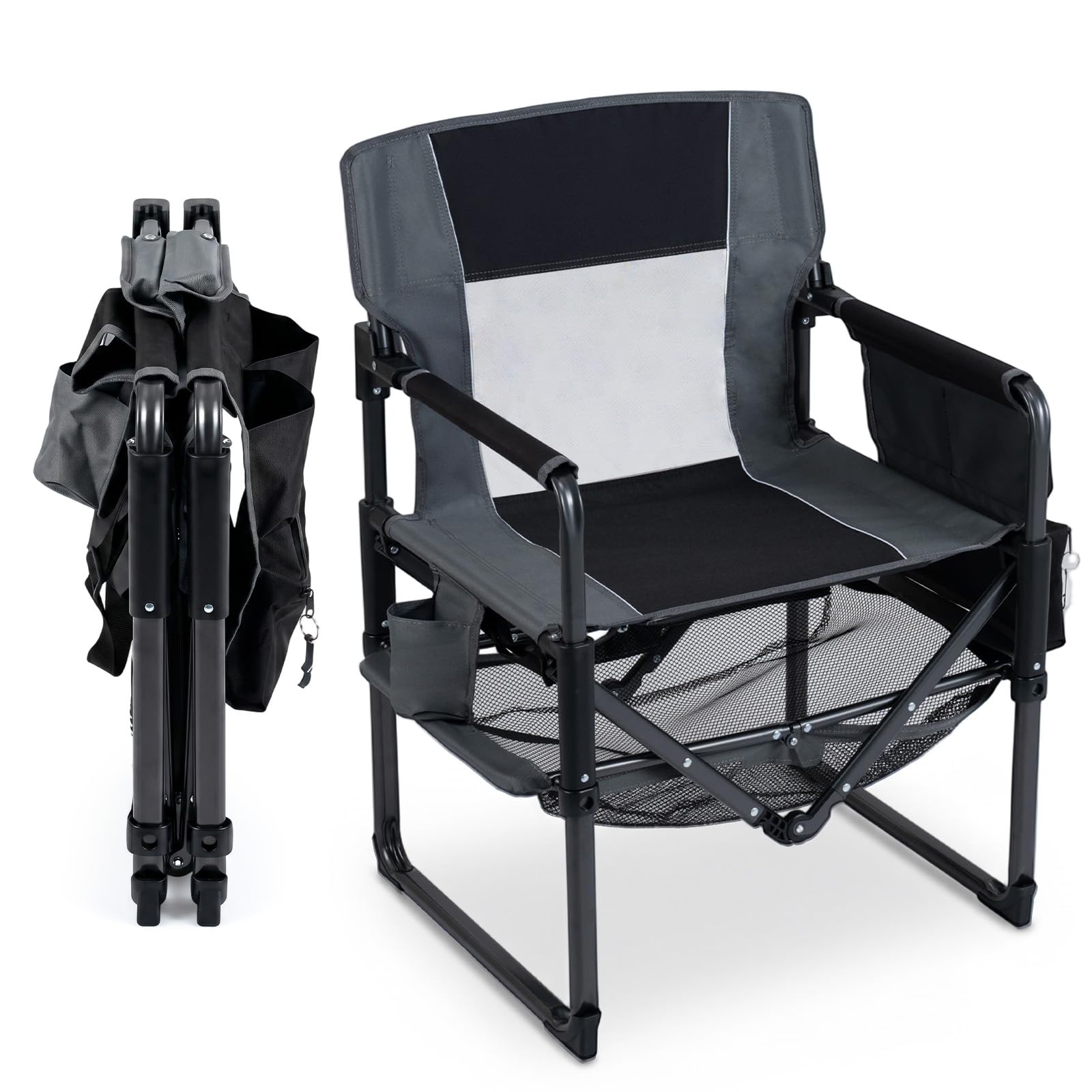 COSTWAY Folding Directors Chair, Oversized Camping Chairs (Black+Gray)