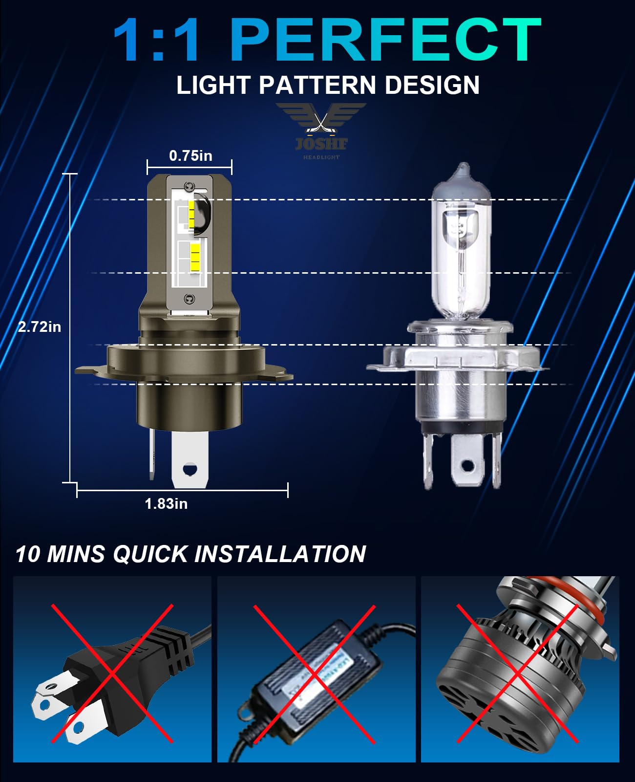 JOSHF Lampadina H4 LED per Fari Auto, 19000LM 80W 6500K Bianco 500% Luminoso Anti Errore H4 Lampadina a LED 1:1 9003/HB2 Led Sostituisce le Lampade Alogene, DC12-18V, 2 Lampadine