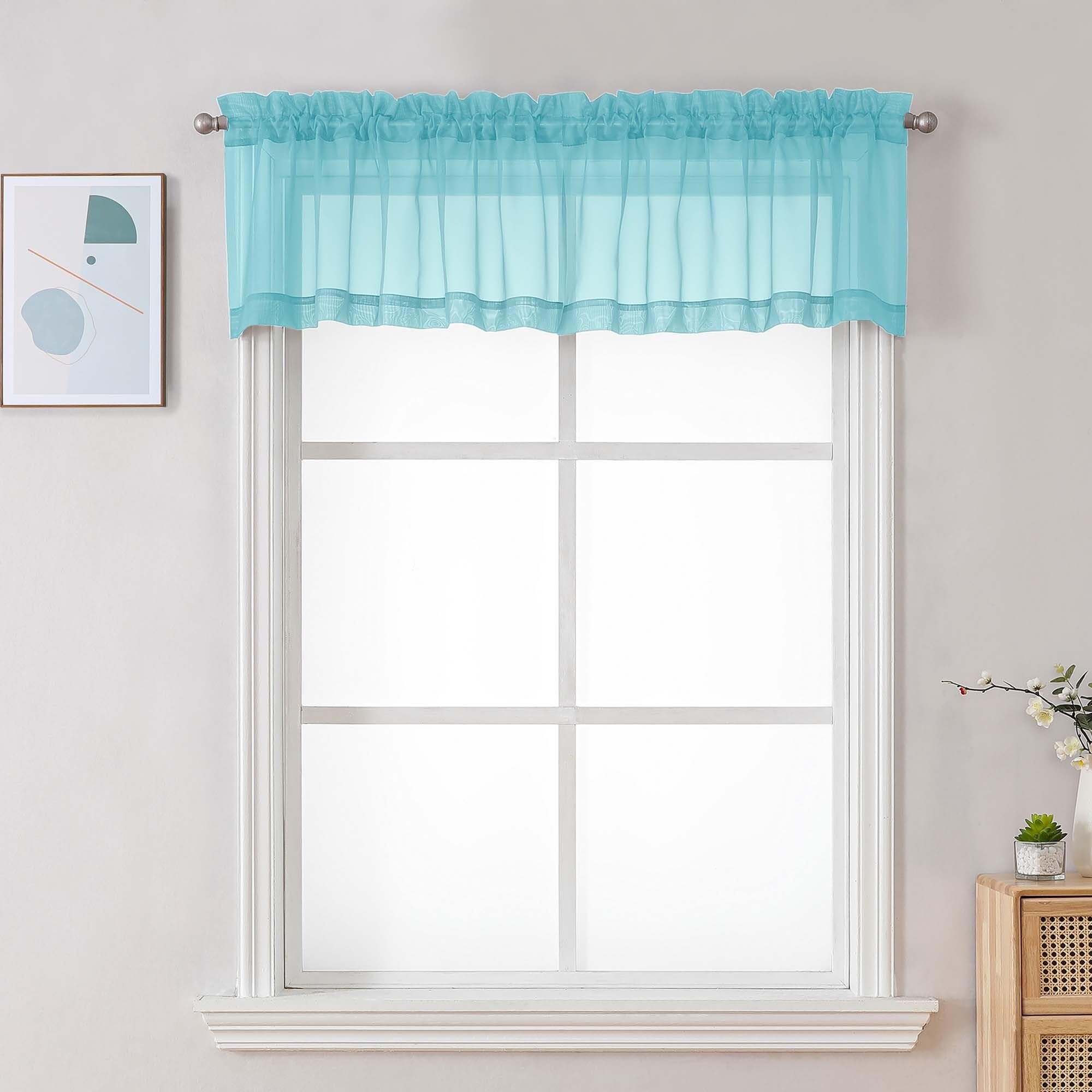 Chyhomenyc Sheer Valances for Windows, Light Filtering Small Window Curtains for Living Room Bathroom Cafe Laundry Basement, Modern Top Dual Rod Pocket Voile Curtain, 42Wx14L inches, Aqua, 2 Pieces