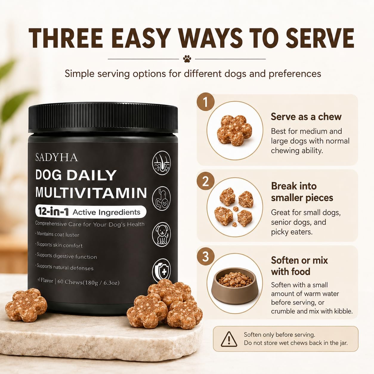 Daily Multivitamin Chews for Dogs, Itch & Skin Support with Salmon Oil, Folic Acid & Chondroitin, Supports Healthy Skin, Coat, Immunity & Digestion, 60 Count Beef Flavor (01) thumbnail