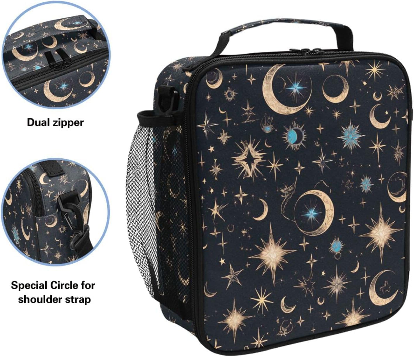 Pfrewn Galaxy Outer Space Lunch Box for School Kids Vintage Space Stars Planets Moon Meteorites Insulated Lunch Bag Reusable Cooler Meal Prep Bags Lunch Tote with Shoulder Strap for Office Adult