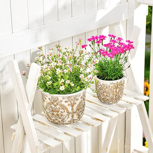 Miniatura 5 de Sungmor Macetas decorativas de cemento para plantas, macetas europeas únicas de concreto en relieve, juego de 2 piezas de 4.3 y 6.1 pulgadas,