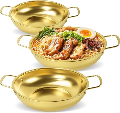 Juego de 3 ollas coreanas para fideos ramen con asas, de acero inoxidable, doradas, para cocinar, pasta, uso doméstico y exterior, 7.7 pulgadas, 8.4