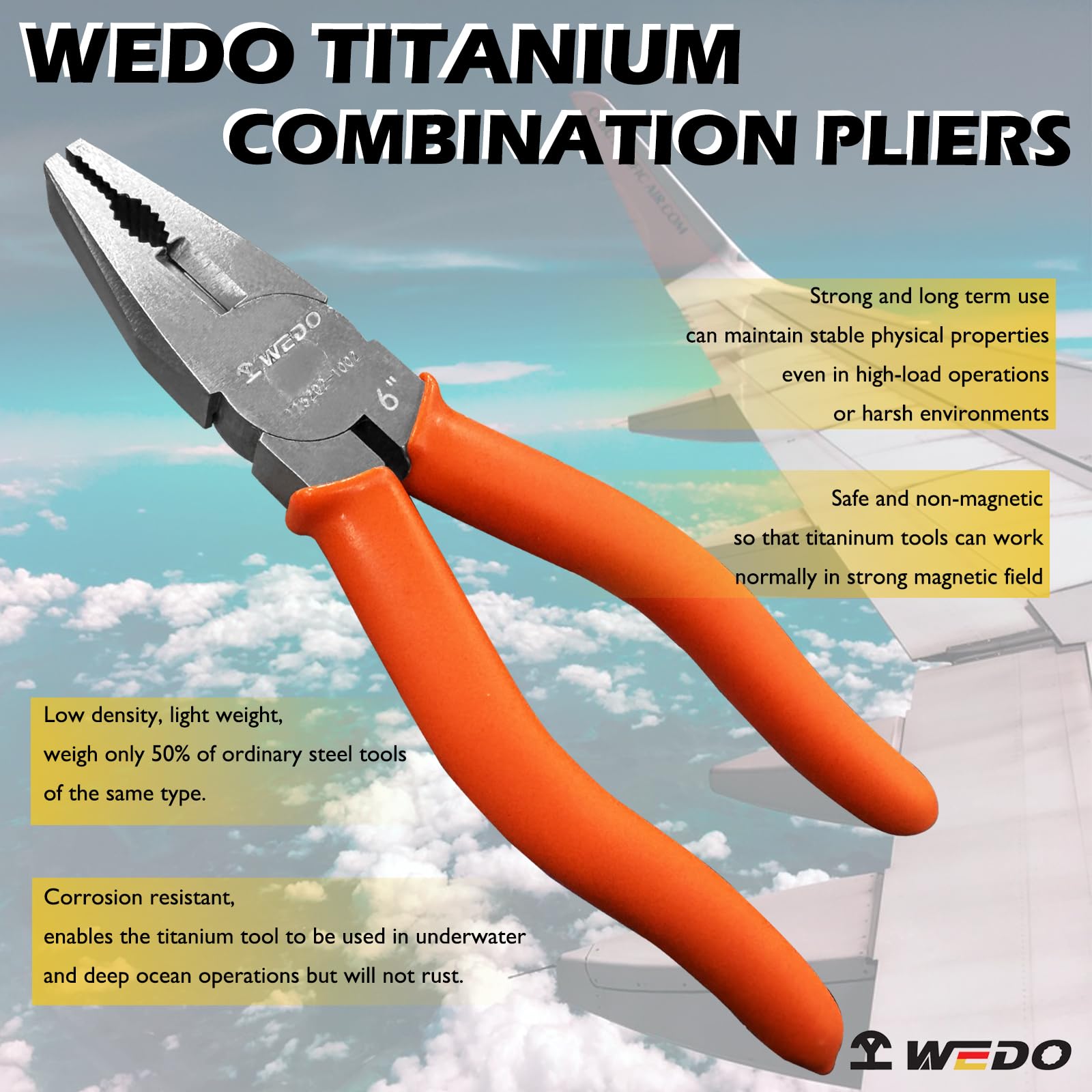WEDO Titan-Lineman-Zange, leicht, nicht magnetisch, korrosionsbeständig, einmalig gestanzt, für Luftfahrt, Marine, Biomedizin, Chemikalien, Petrochemie