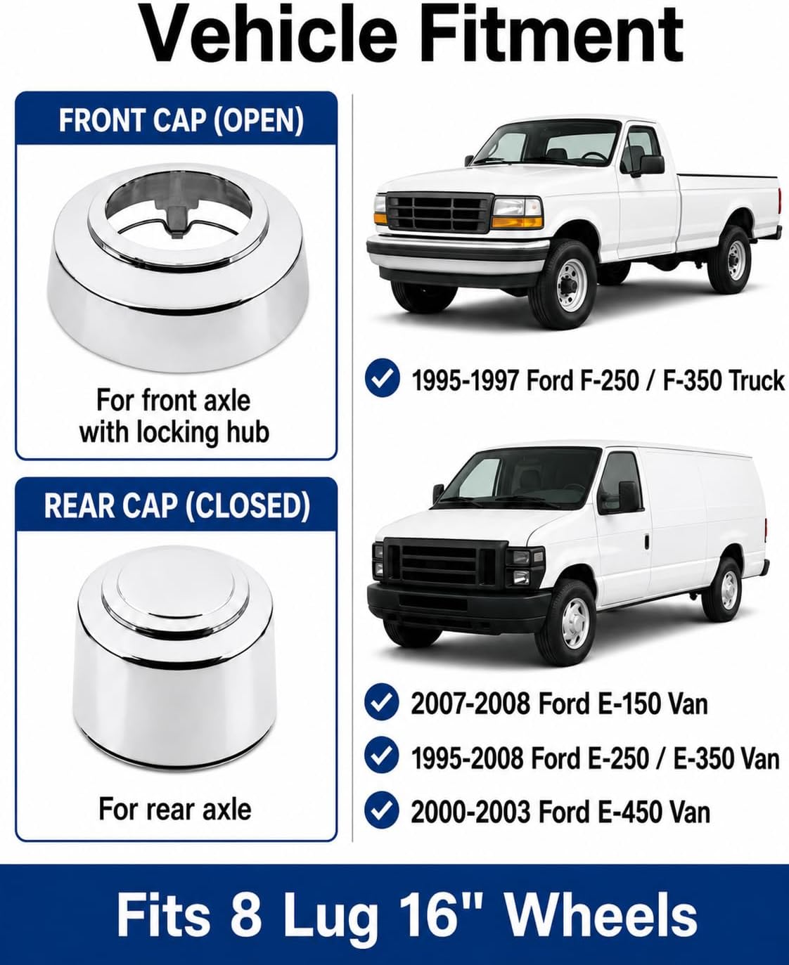 8 Lug 16" Chrome Wheel Center Hub Caps Fit for Ford 1995-2008 E250 E350 Van
