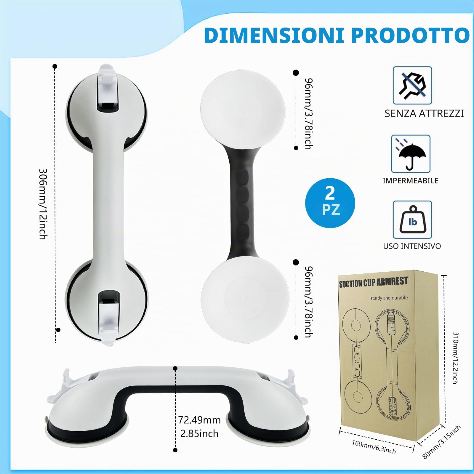 2 Pezzi Maniglia Doccia Anziani, Maniglia Ventosa, Maniglione Bagno Disabili Senza Foratura, Maniglione Doccia Portatile Adatto per Vasca, Bagno, Toilette (Bianco)
