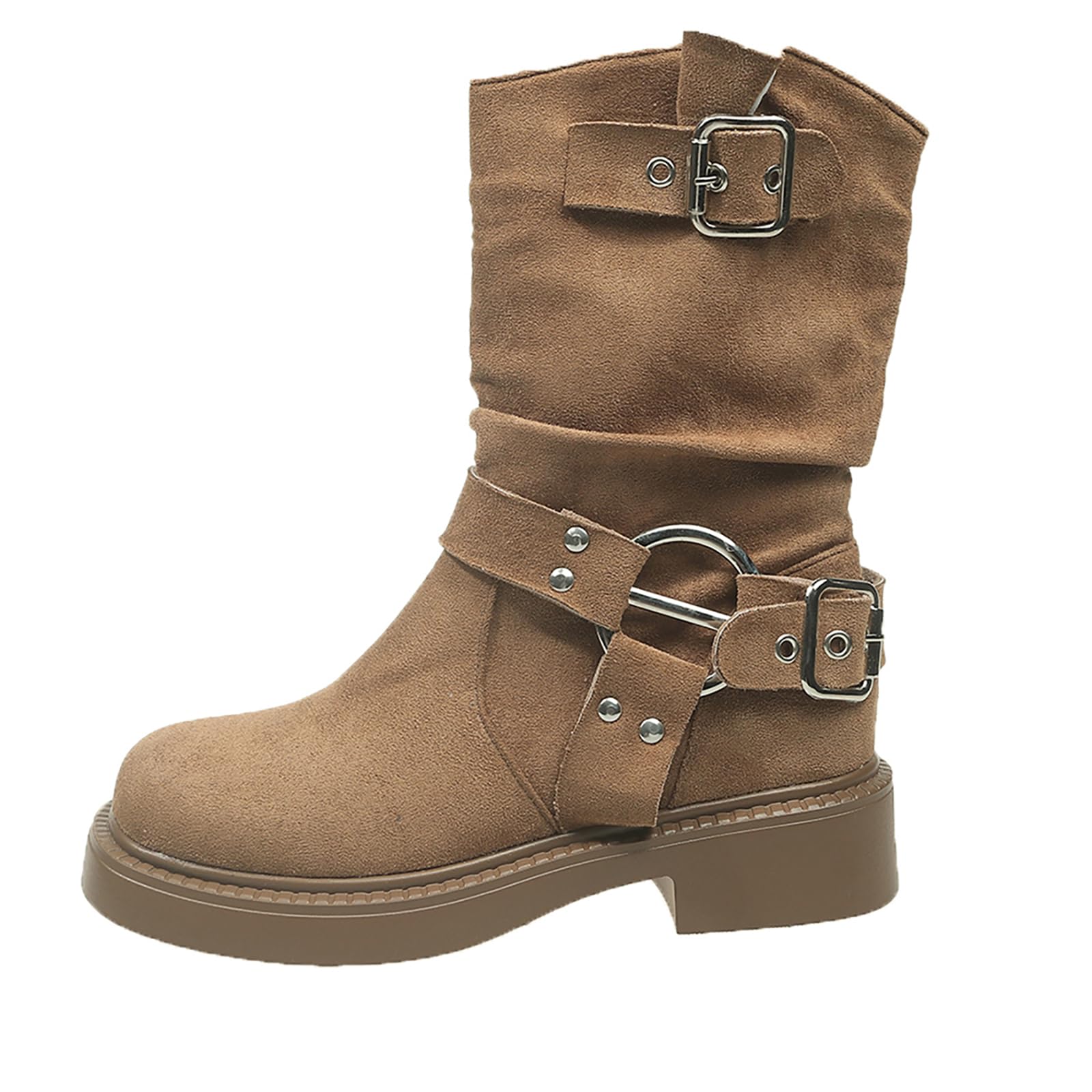 Women Retro Slouchy Suede Platform Boots Mid Calf Height Square Toe Slip Resistant Vintage Boots Buckle Strap