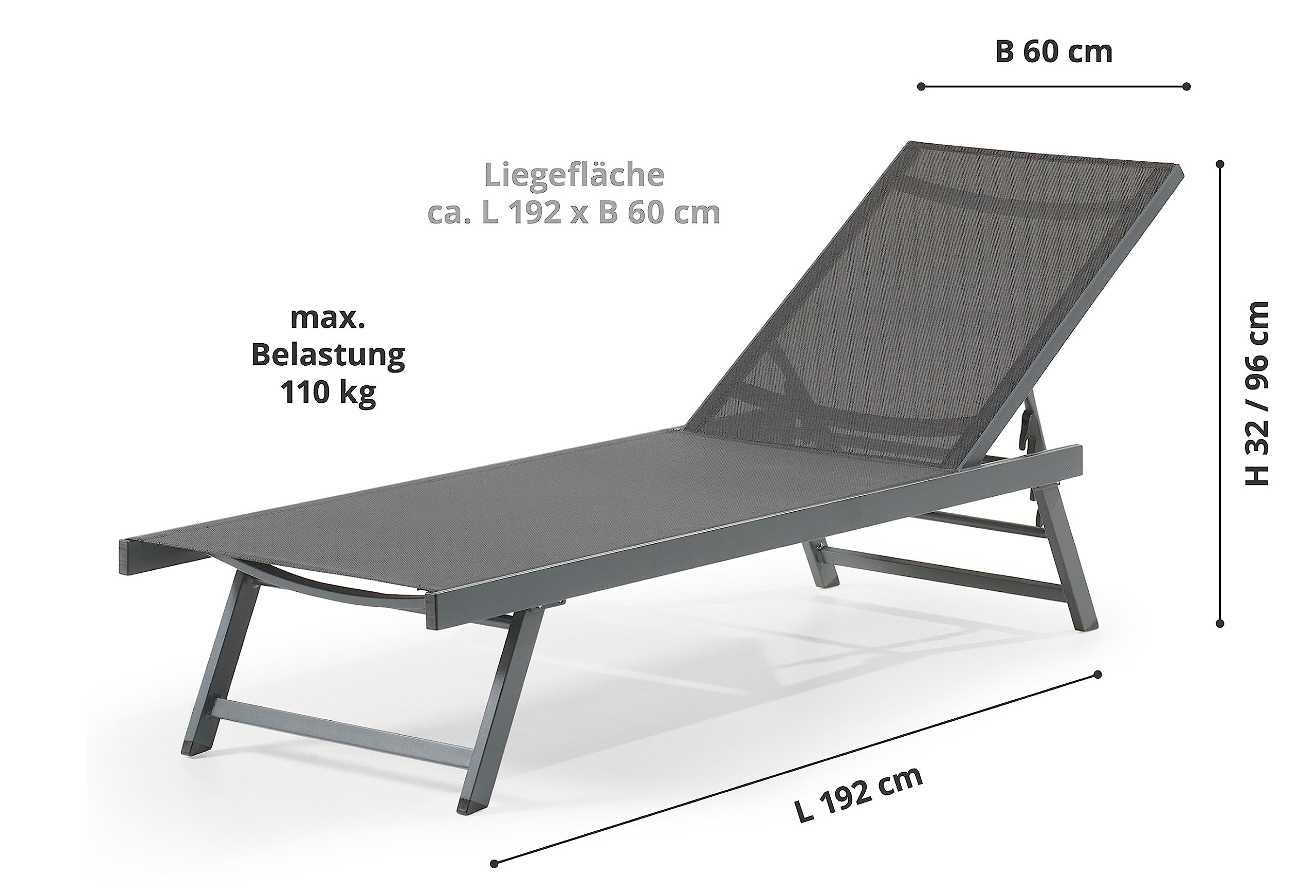 Leco-Sonnenliege Elina – Formschöne Aluminium-Gartenliege mit 5fach Verstellbarer Rückenlehne und einklappbaren Füßen – Gestell Anthrazit