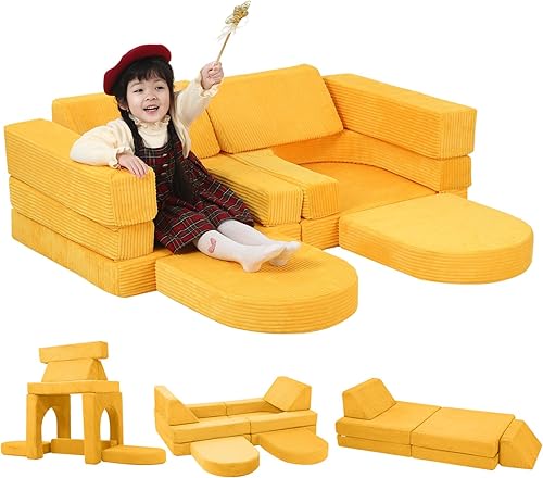 Miniatura 33 de MeMoreCool Sofá infantil para sala de juegos, sofá modular de 10 piezas, sofá convertible de pana, juego de construcción de fuerte de espuma para