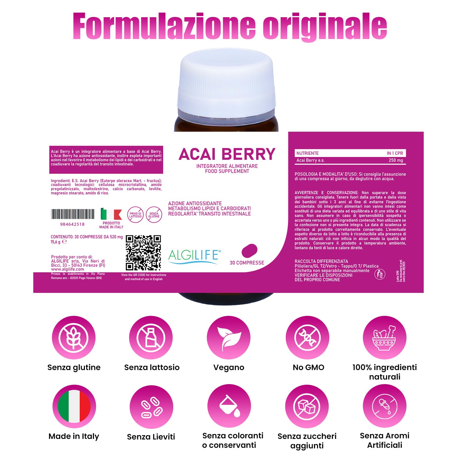 ALGILIFE ACAI BERRY Compresse Vegane di Estratto Naturale di Bacche Acai (30 compresse, scorta 1 mese) Antiossidanti Integratori Alto Dosaggio, Acai capsule da polvere di Bacche di Acai dall'Amazzonia