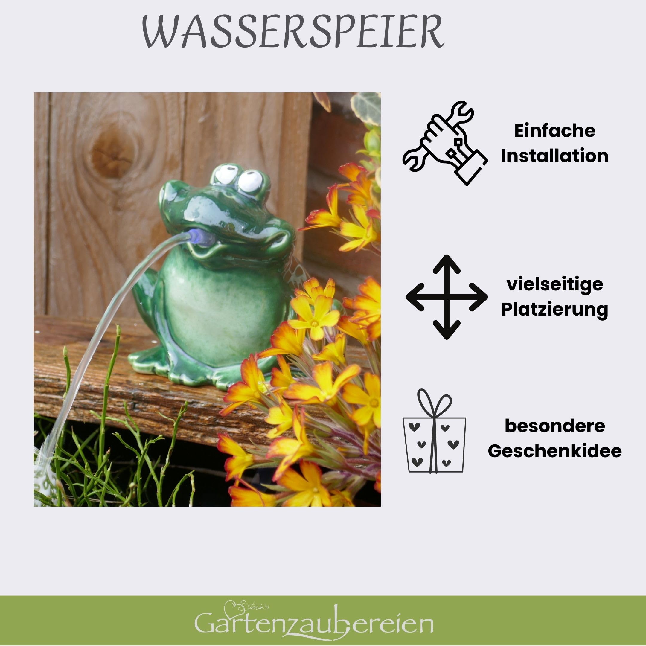 Wasserspeier Frosch mit Akku Solarpumpe 12cm aus Keramik Laufzeit ohne Sonne 4-5 Stunden