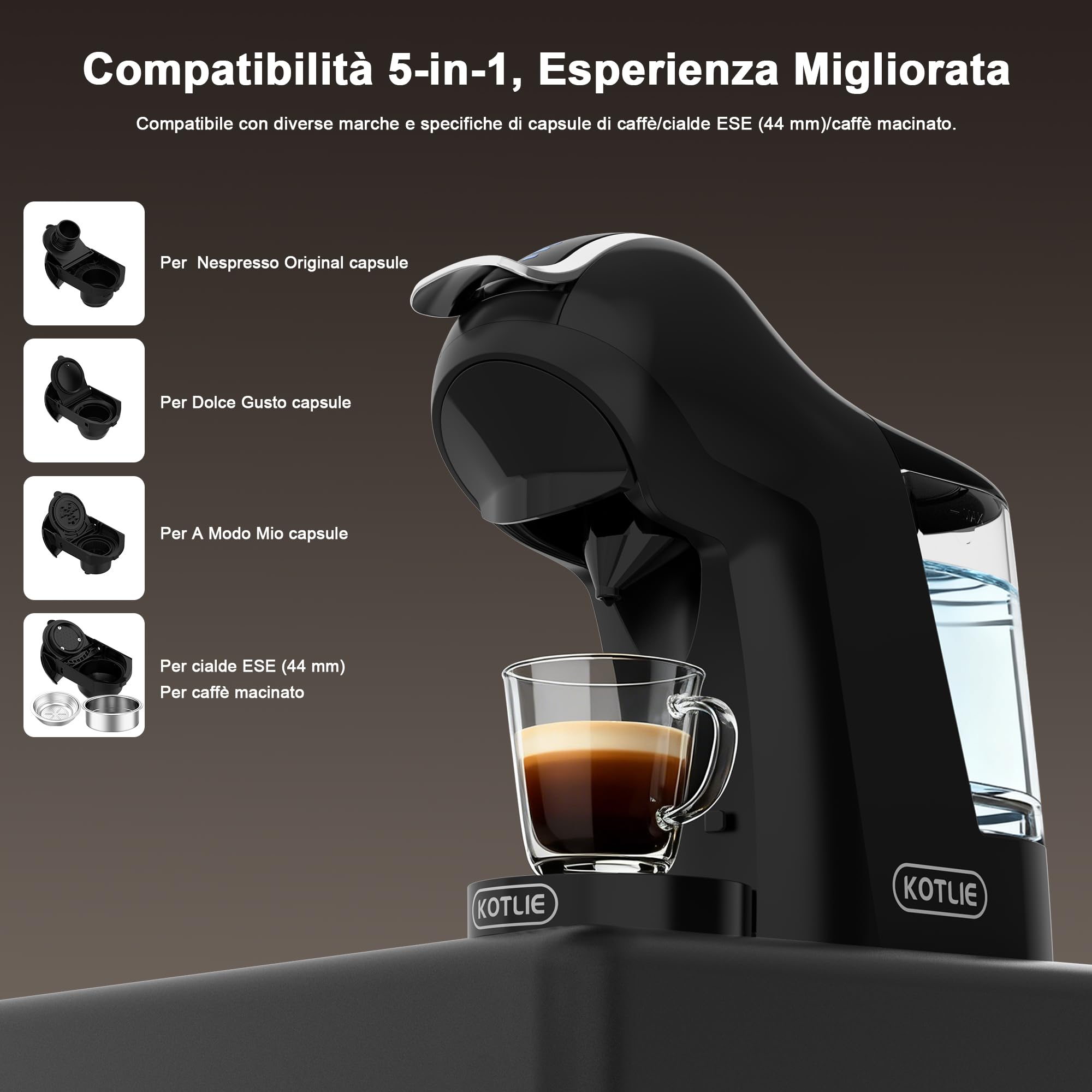 Macchina da caffè a capsule, per Nespresso, per Dolce Gusto, capsule A Modo Mio, caffè in polvere (44 mm) e caffè macinato, con volume e temperatura dell'acqua regolabili (EM-308B)