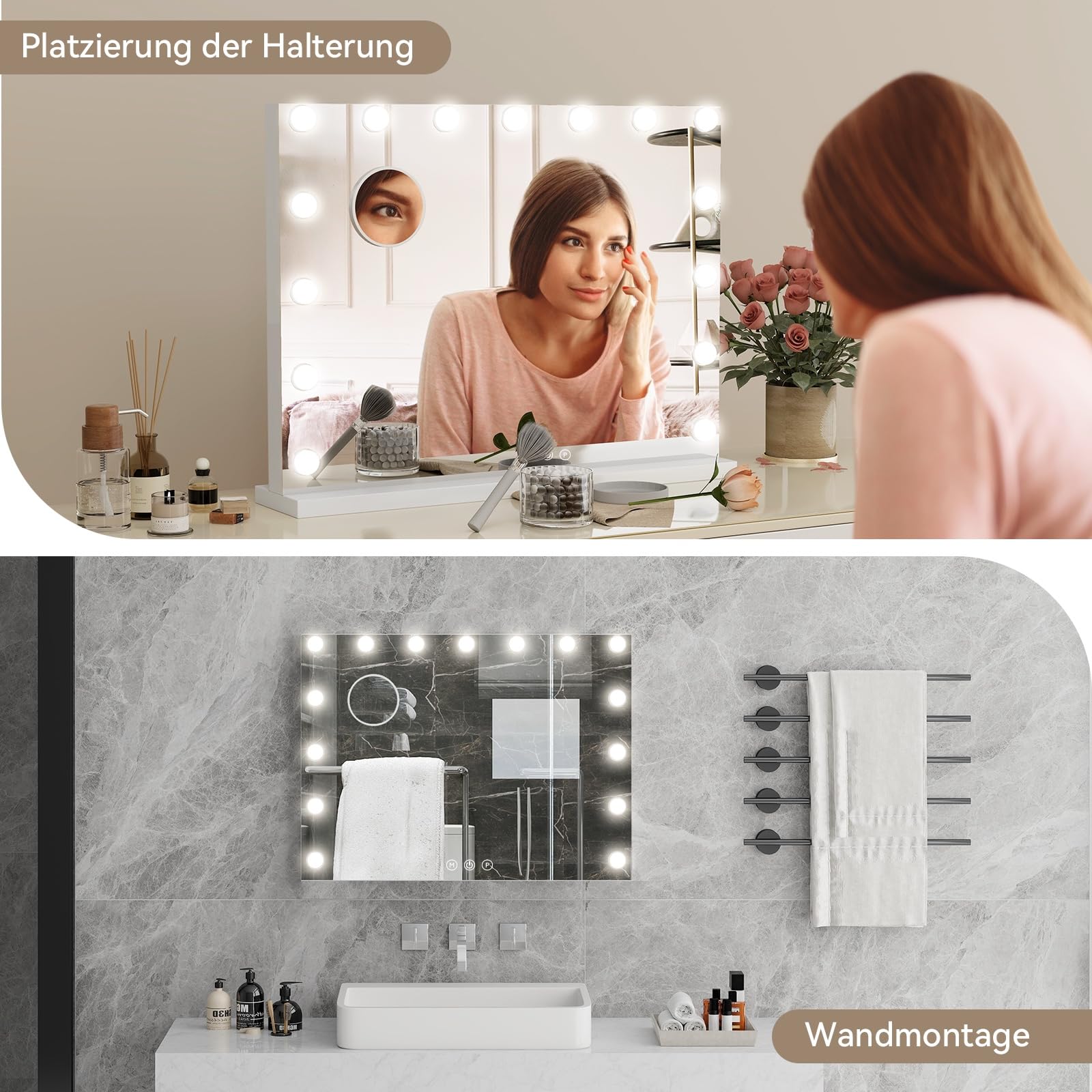 YU YUSING Hollywood Schminkspiegel mit Beleuchtung 58x45cm, 15 LED Licht Dimmbar Kosmetikspiegel 3 Modi, Vanity Spiegel Tischspiegel Wandspiegel mit USB 10X Vergrößerung für Schlafzimmer Schminktisch