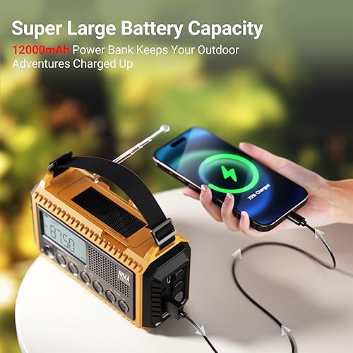 Miniatura 3 de Mesqool Radio de emergencia 12000, radio meteorológica digital automática NOAAAMFMSW, manivela de reserva de batería con cargador de teléfono