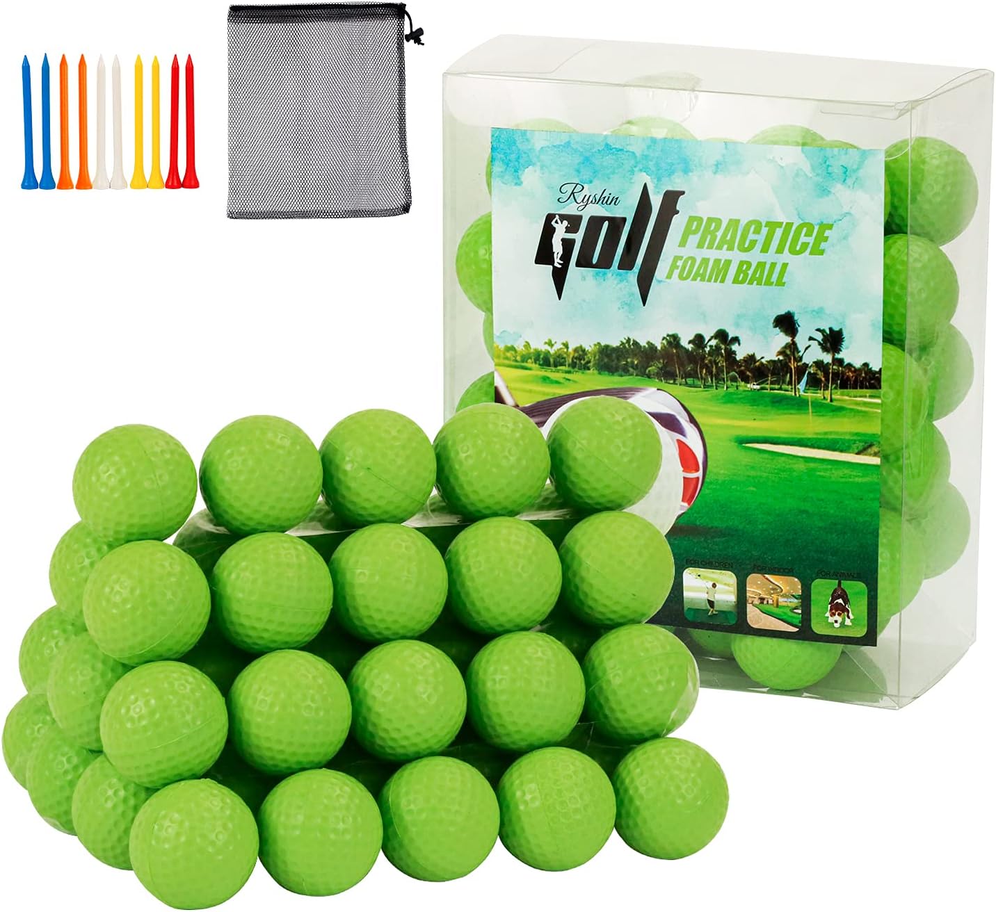 50 Packs Foam Golf Practice Balls - Realistic Feel and Long Lasting Limited Flight - Soft for Indoor or Outdoor Training, Multipurpose Nylon Drawstring Sack and 10 PCS Golf Tees