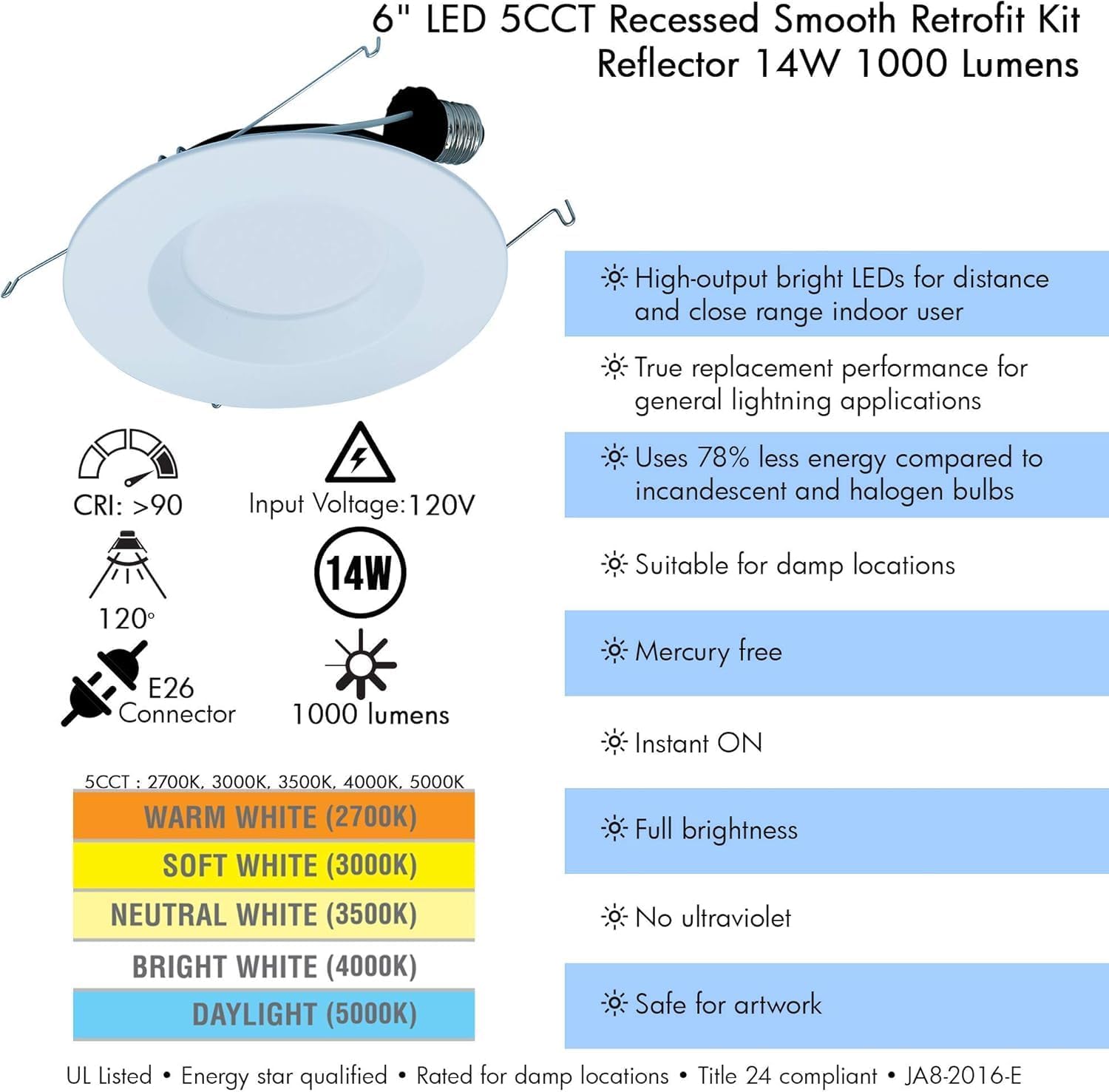 Smooth Reflector Trim Retrofit Kit, 6 Inch Dimmable LED 5CCT 2700K 3000K 3500K 4000K 5000K Downlight Recessed Lighting, 14 Watt, 1200 Lumens, Round Panel, ES Qualified, UL Listed (2)