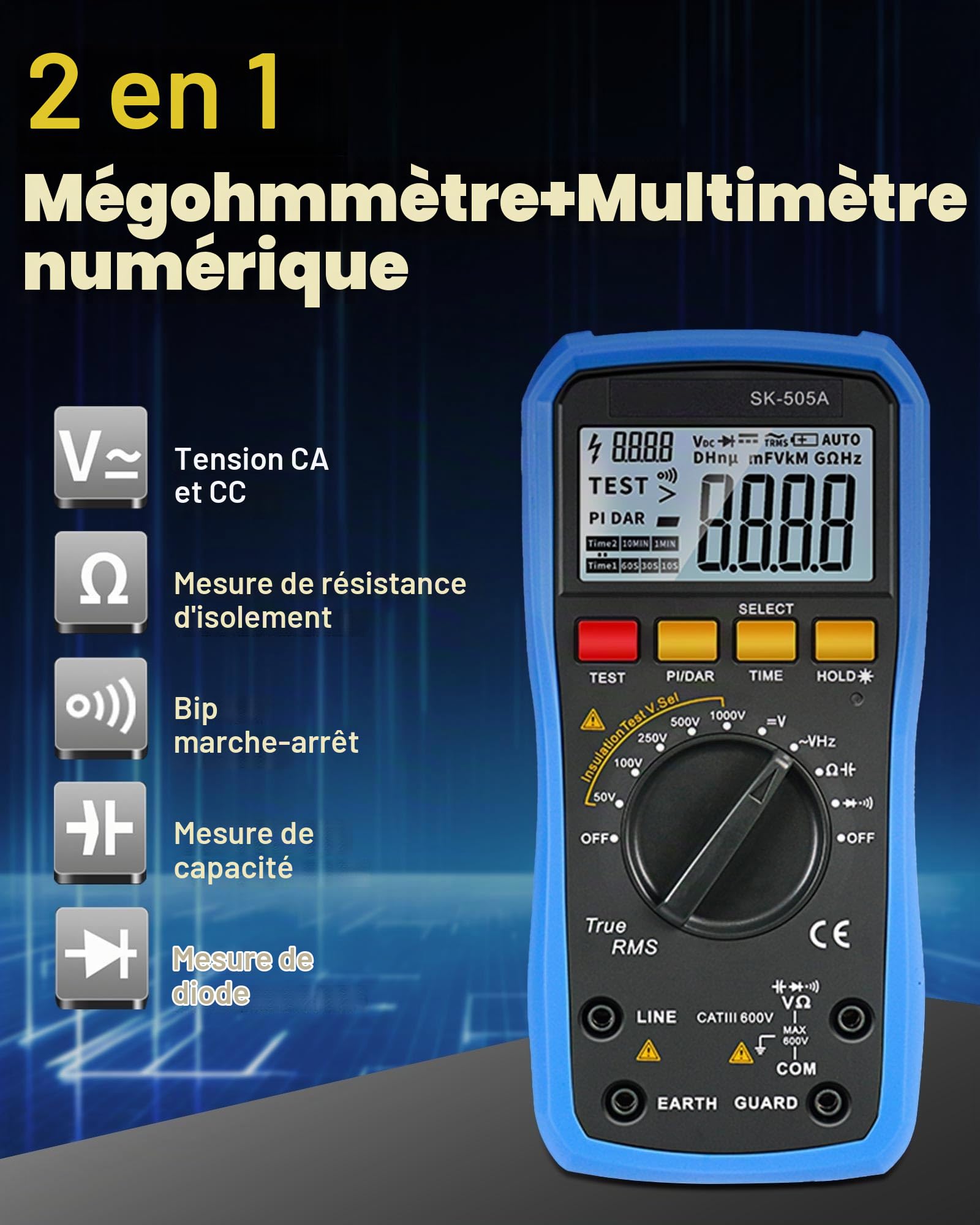 Mégohmmètre et multimètre numérique 2 en 1 - Testeur de résistance d'isolation - 20 GΩ/1000 V - Prise de données - Testeur de tension AC/DC - Mesure de la capacité pour les tests électriques