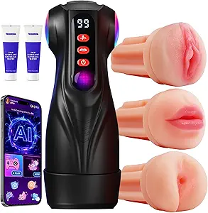 Male Masturbator Sex Toys for Men - 3 Sleeves Sets AI Sync Pocket Pussy Penis Pump with 9 Sucking & 9 Vibrating, APP Adult Toys Mens Sex Toy, Colorful Lighting Stroker Machine Sets Sex Kits