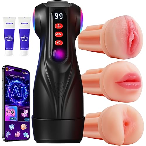 Male Masturbator Sex Toys for Men - 3 Sleeves Sets AI Sync Pocket Pussy Penis Pump with 9 Sucking & 9 Vibrating, APP Adult Toys Mens Sex Toy, Colorful Lighting Stroker Machine Sets Sex Kits