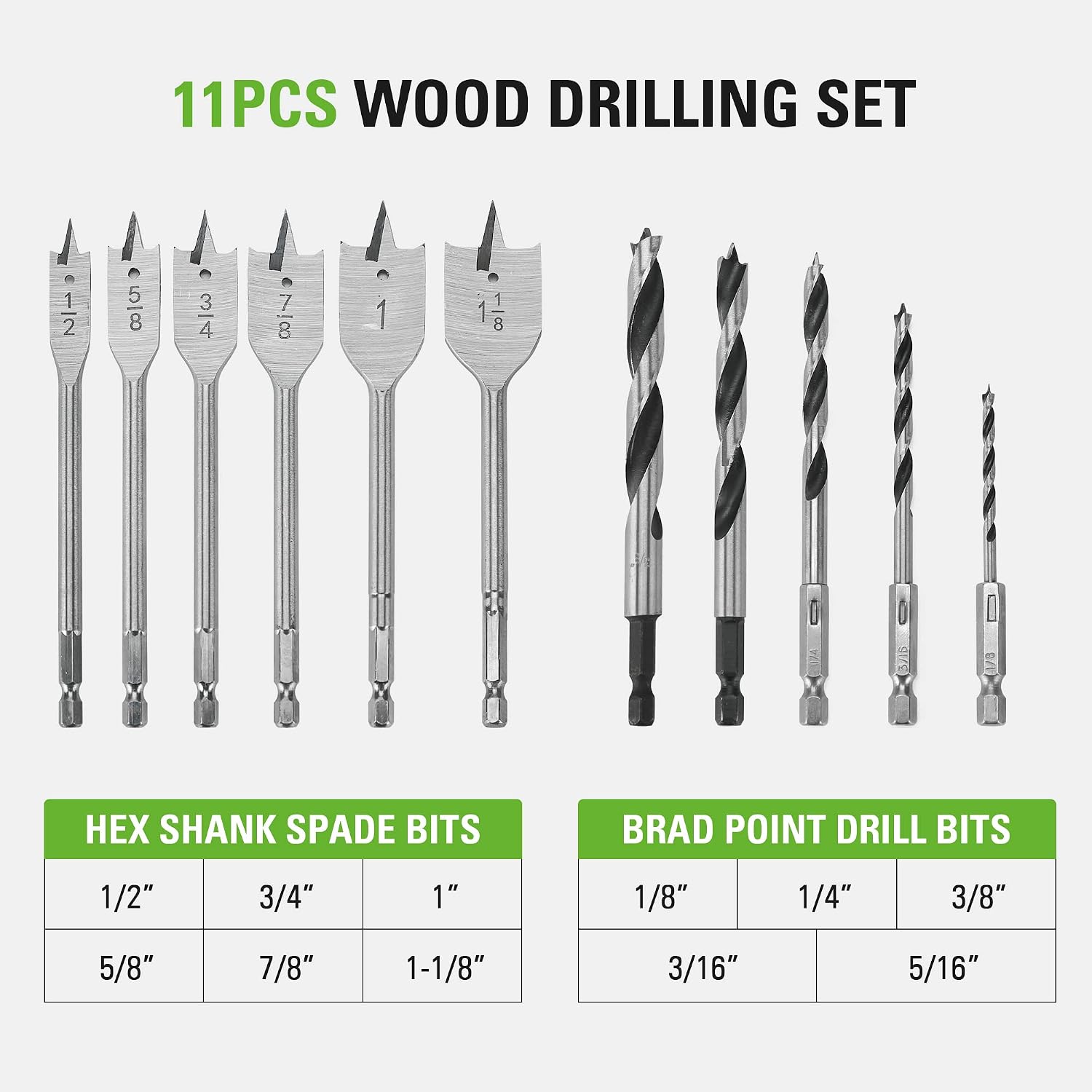 Greenworks 11 Pcs Wood Drilling Set for Woodworking, Plywood, Particle board, Fiberboard (Including Hex Shank Spade Bits & Brad Point Drill Bits)
