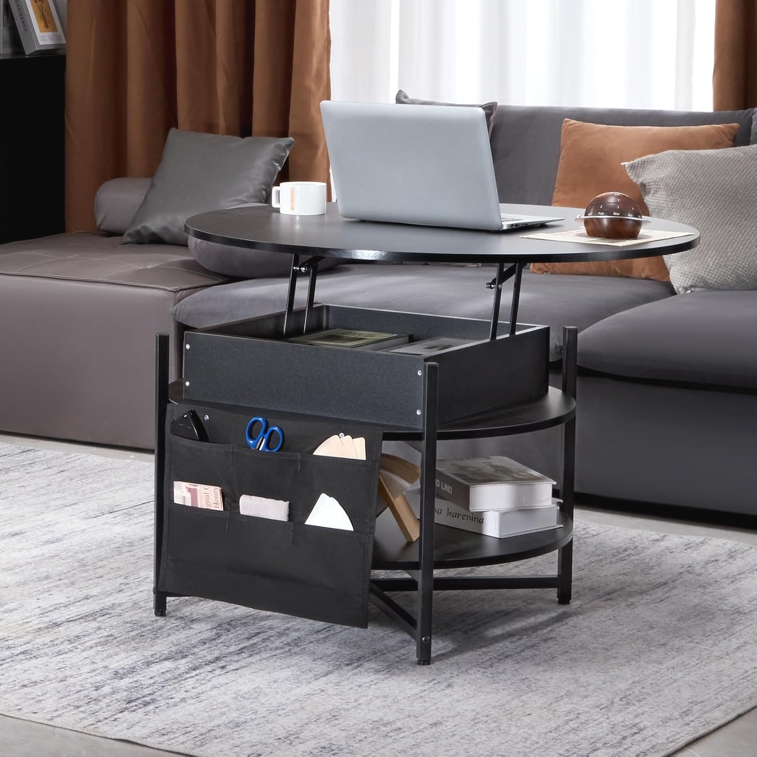 VEVOR Round Lift Top Coffee Table with LED Light, 35.4" Circle Coffee Table with Storage and Hidden Compartment, Farmhouse Large Dining Table for Living Room Reception Room, Black