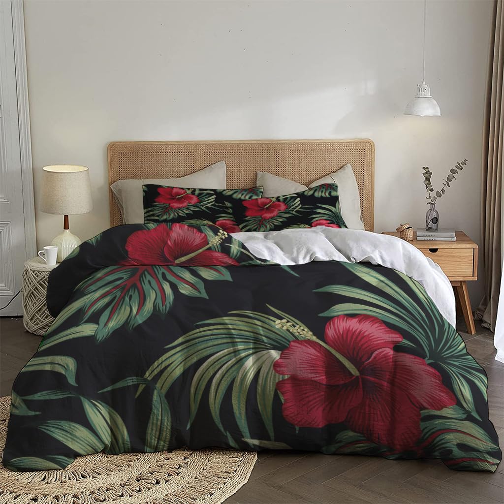 NIBAINLO 布団カバートロピカルなヴィンテージの赤いハイビスカスの花と緑の葉 肌に優しい ピーチスキン加工 掛け布団カバー 和式 洋式 あったか 布団カバーセット リバーシブル ホームステイ ホテル 家庭兼用