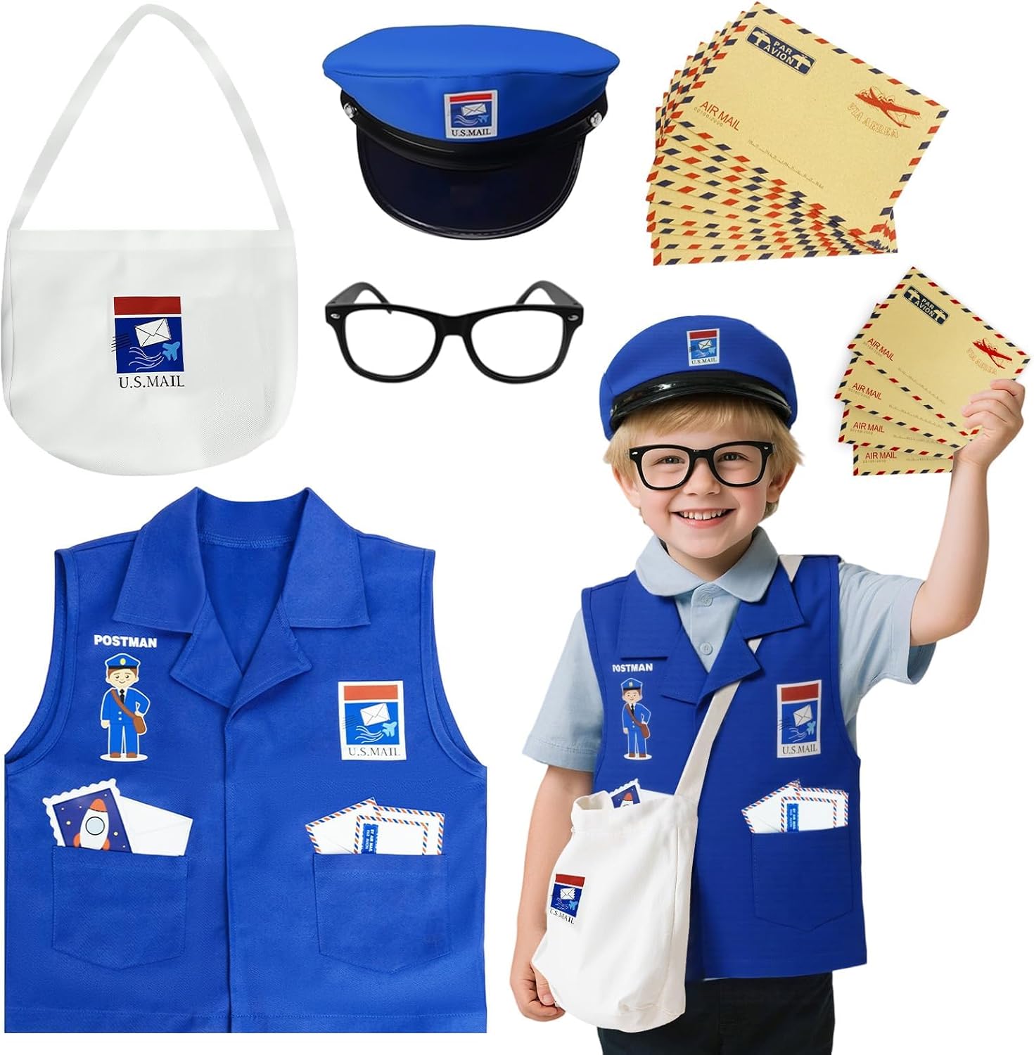 Kids Mailman Costume Set, Community Helper Postal Uniform with Mail Bag, Boy Dress Up for Role Play Career Day