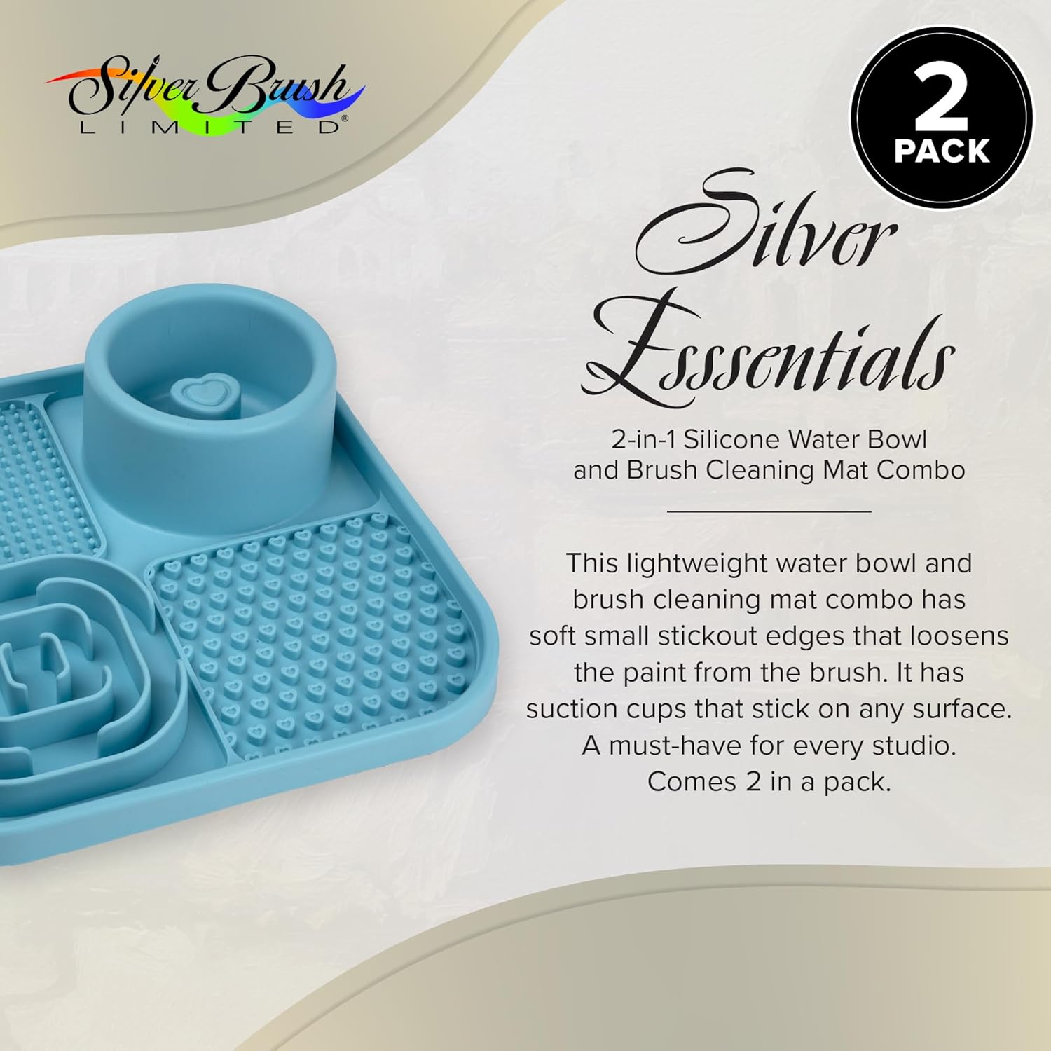 Silver Brush Limited 9062 Silver Essentials 2-in1 Water Cup and Brush Cleaning Mat Combo, Water-Based Media Silicone Brush Cleaner For Studio, Travel, and Plein Air, 2 pack