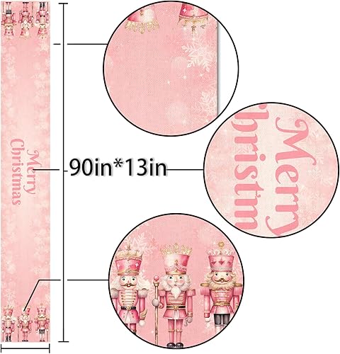 Miniatura 6 de Nepnuser Camino de mesa de cascanueces rosados de 90 pulgadas de largo, decoración de Navidad rosa para Navidad, invierno, vacaciones, suministros