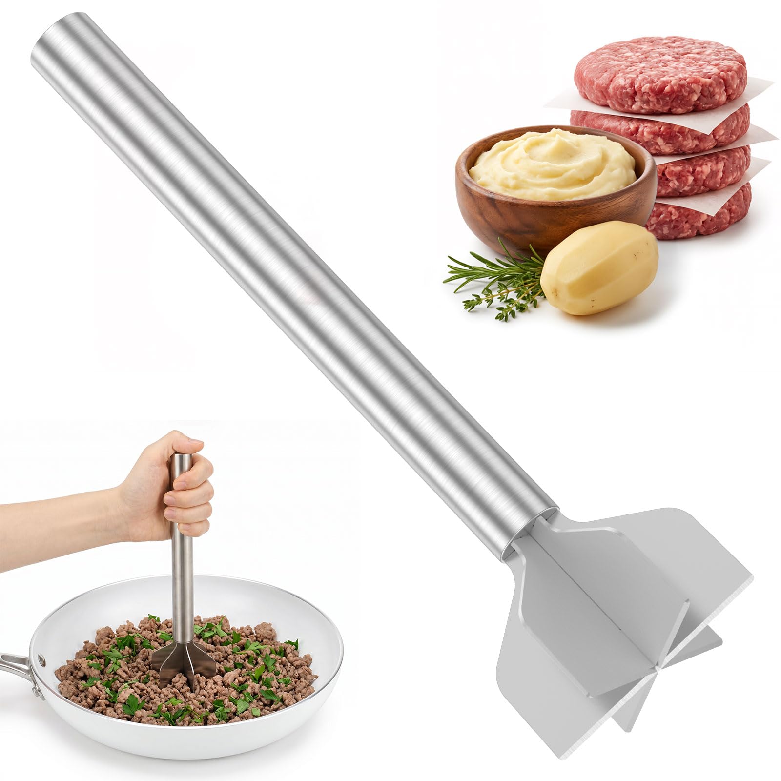 Stainless Steel Meat Masher, Mince Masher with Anti Scald Handle and 6 Blades Head, Ground Beef Chopper Tool, Non-Stick Mince Meat Shredder for Beef, Turkey, Sausages, Vegetables, Fruits and Potatoes