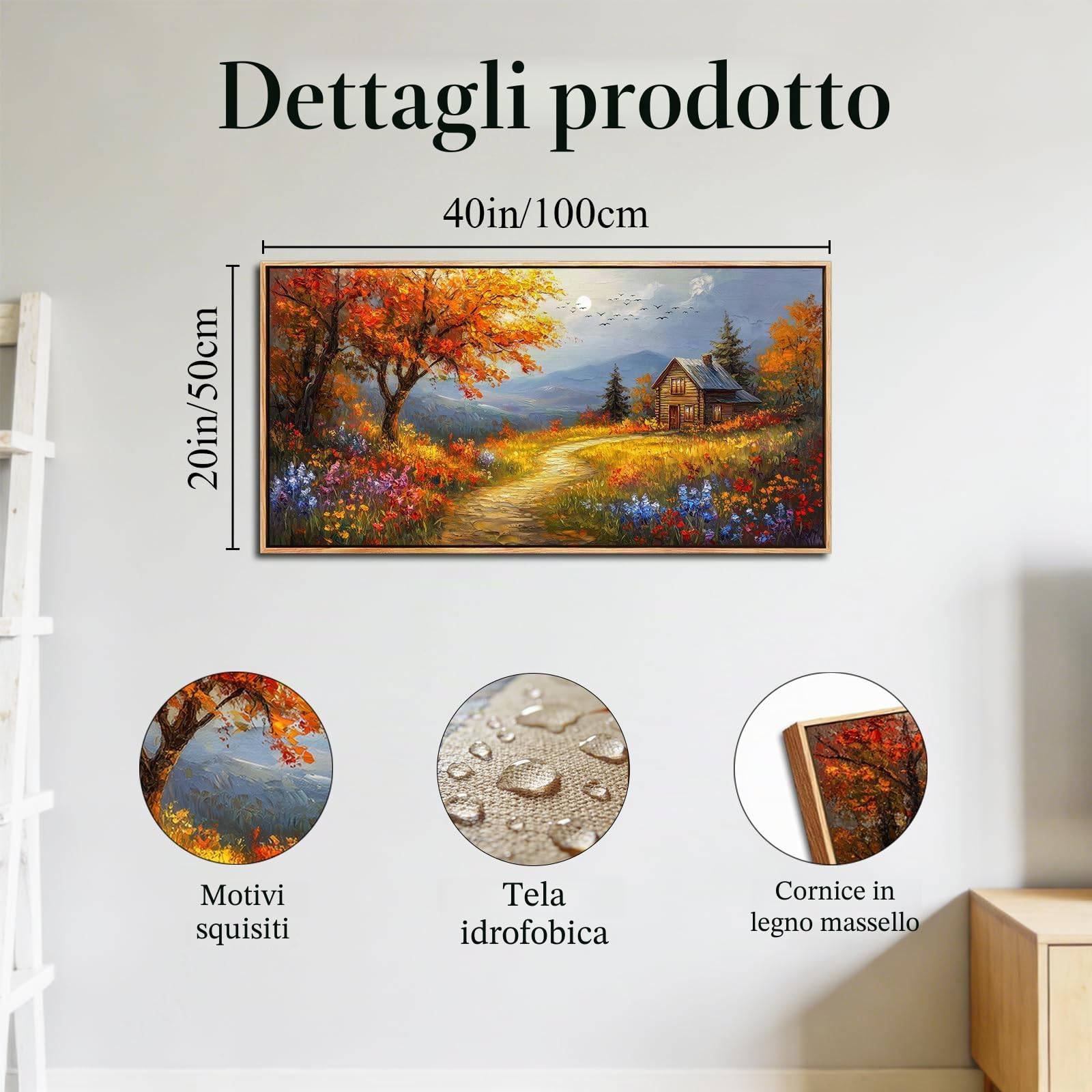 SERIMINO Quadro Moderno Fiori Paesaggio con Cornice Grandi 50x100 cm | Fiori Selvatici, Legno Massello, Tela Densa, Stampa HD, Install Facile, Usi Vari, Regalo