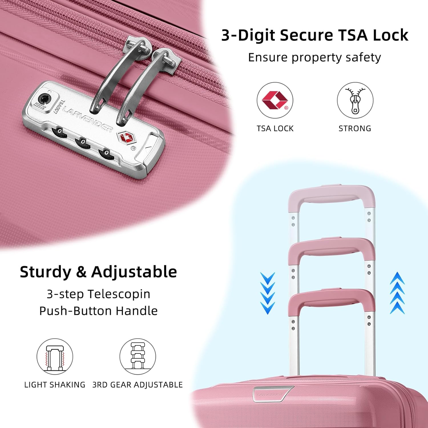 LARVENDER Luggage Sets 3 Piece with Duffel Bag Hardside PP Carry On Suitcase with 360° Spinner Wheels TSA Lock Luggage Sets for Women, Pink - Image 4