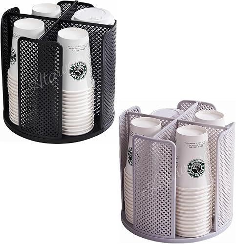 Atavarna - Dispensador giratorio de tazas de café con 4 compartimentos (negro y gris), soporte para tazas y tapas de 5 a 16 onzas, organizador para