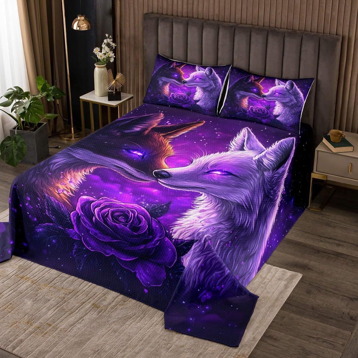 Castle Fairy Wild Wolf Coverlet Set Queen Size,Wolf Couple Animal Love Theme Durable Bedspread for Girls Teens,Romantic Rose Floral Purple Galaxy Soft Polyester Quilt Set, with 2 Pillowcases