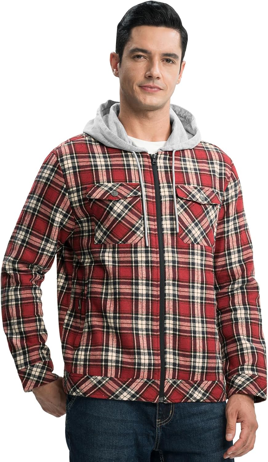 TBMPOY Men's Flannel Shirt Jacket Fleece Lined Plaid Sherpa Full Zip Winter Hoodie Warm Coat Casual Zipper Pockets - Image 3