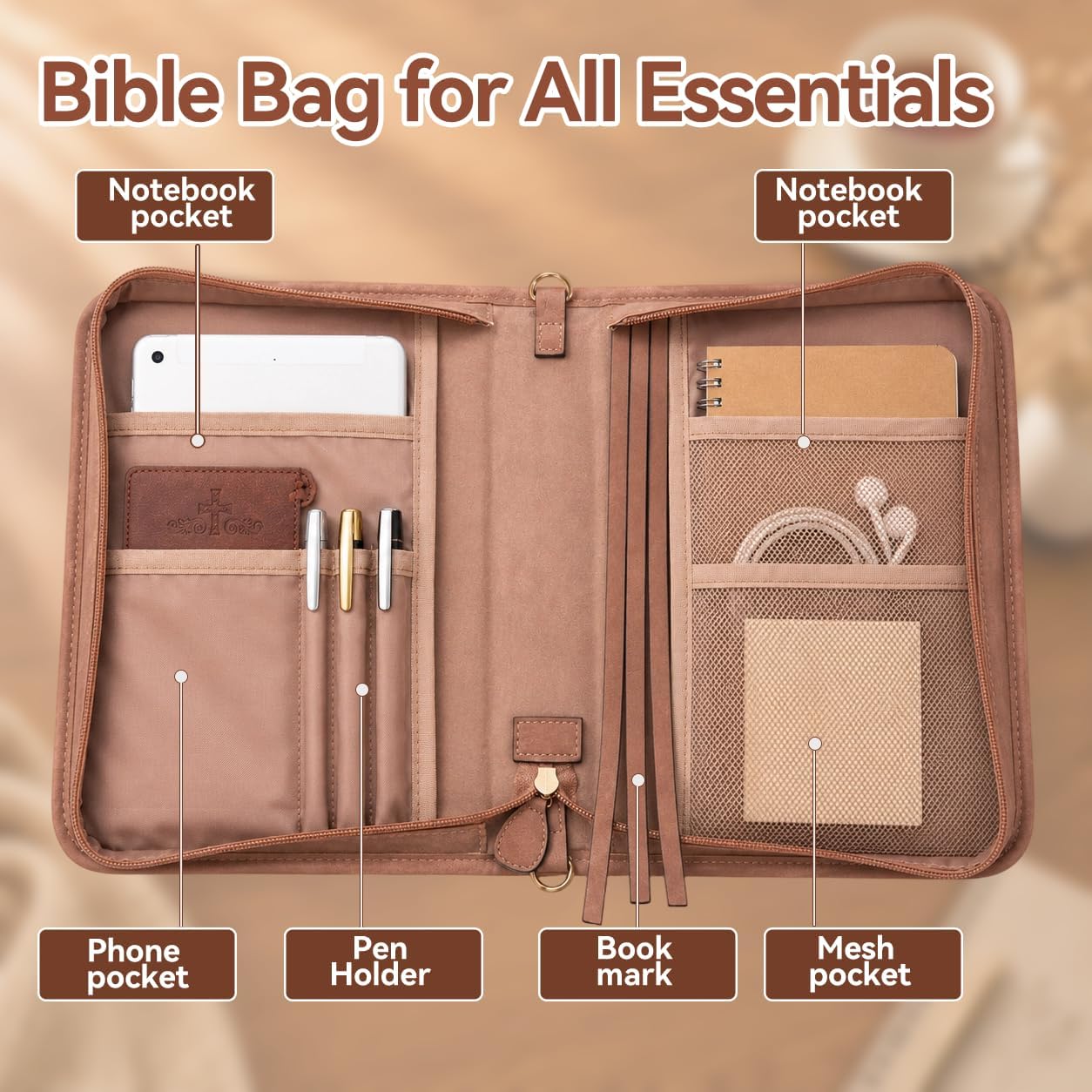 Bible Cover, PU Leather Bible Bag with Cross Design, Large Bible Carrying Case with Handle and Shoulder Strap, Christian Gifts for Men and Women (Brown)