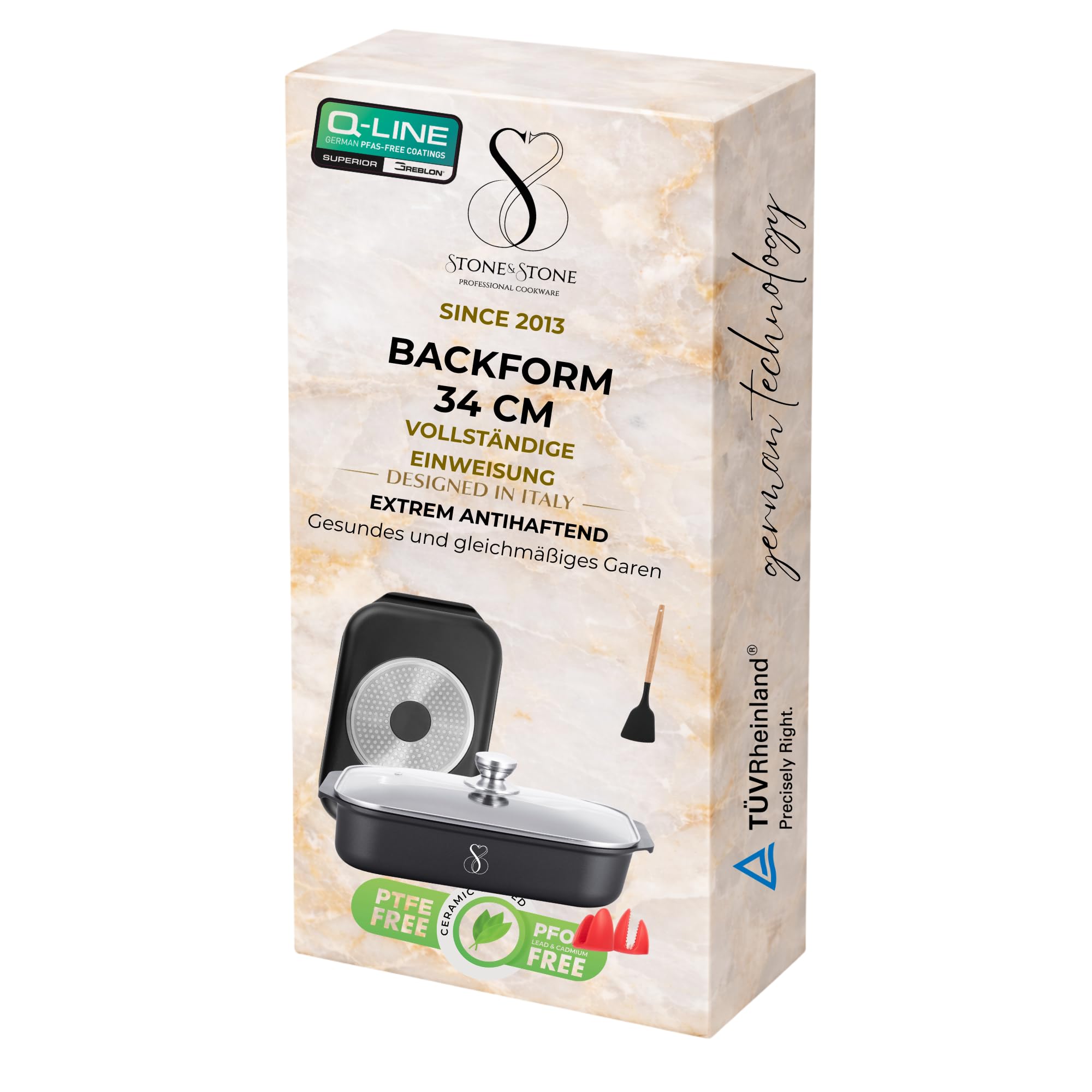 Stone&Stone Auflaufform 34x8 cm Rechteckig Antihaft, Lasagneform Bräter Ofenform aus Aluminium mit deutscher Greblon Beschichtung, Für Induktion, Gas und Ofen, PTFE-, PFOA- und PFAS-frei, mit Deckel