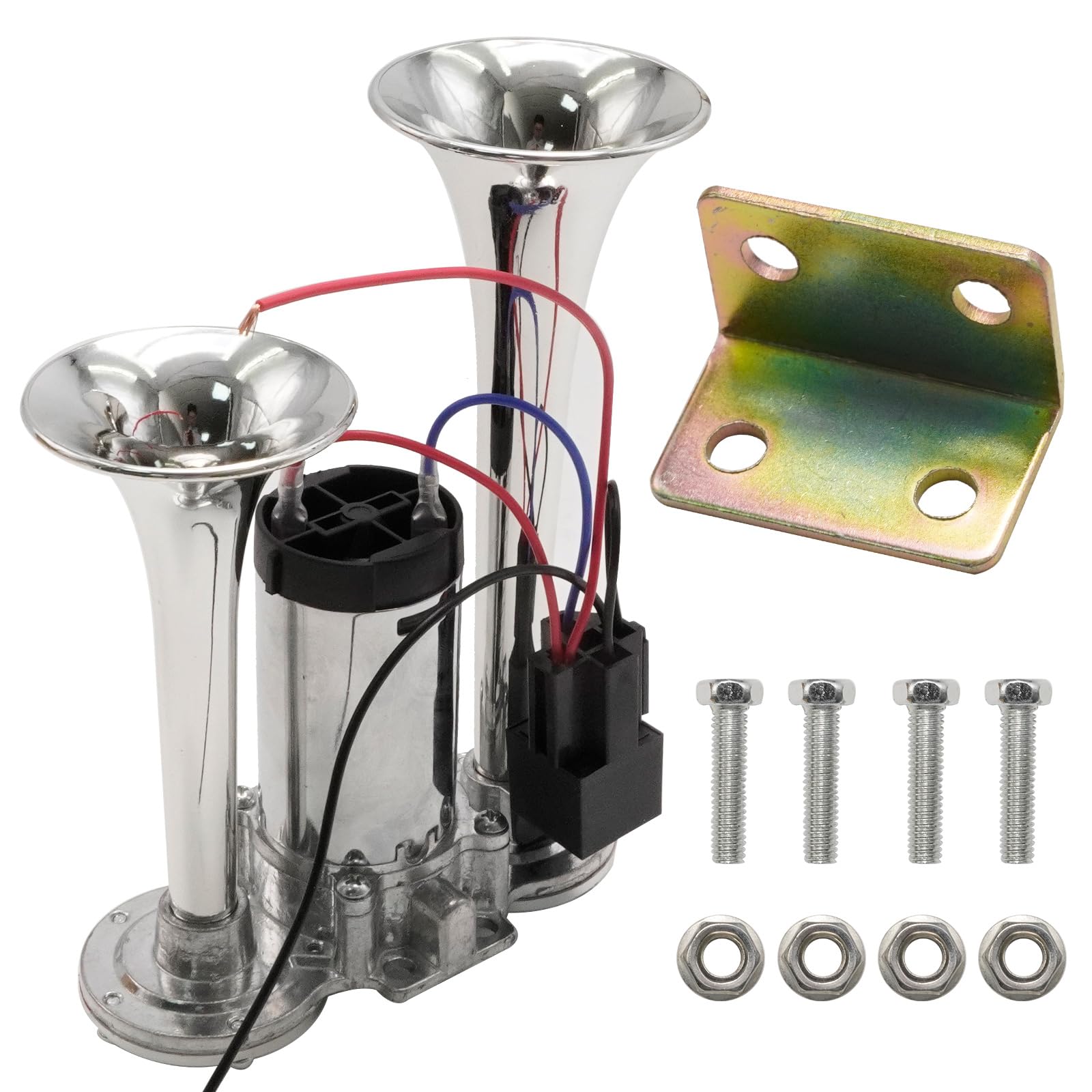 Hoypeyfiy Clacson ad aria da 600 dB con compressore, universale, cromato, 12 V, kit per clacson ad aria doppia, per camion, barca, treno, auto e yacht