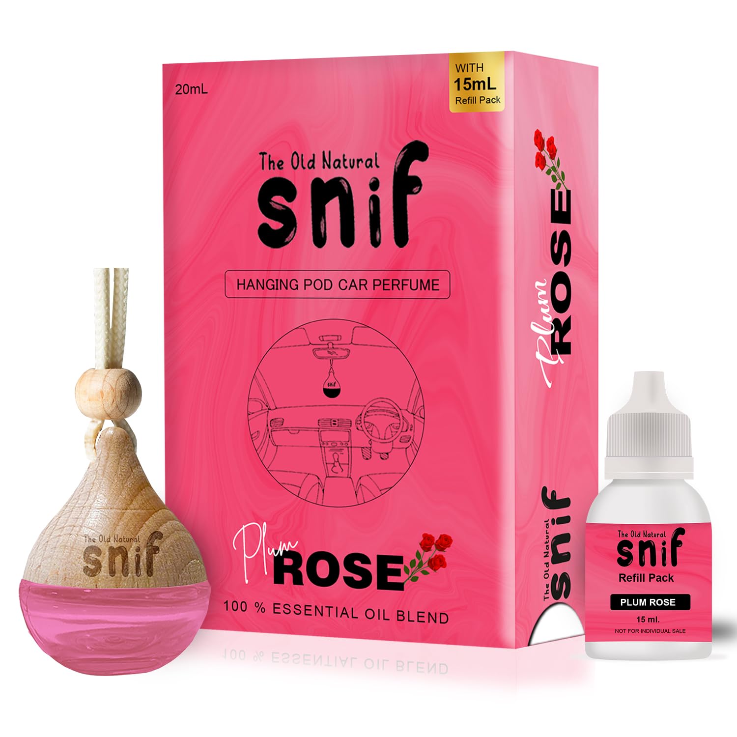 The Old Natural Snif Car Perfume With Essential Oils | Car Perfume Diffuser with 15ml Refill Pack | Car Fresheners Long Lasting | Car Air Freshener (Pack Of 1, 20ml) (Plum Rose)