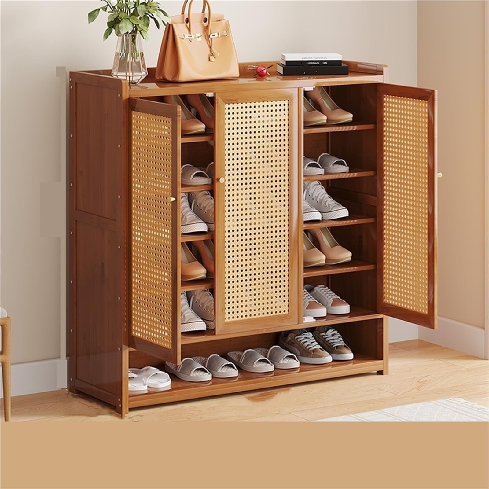 IvyLoutish Bamboo Shoe Cabinet with Doors & Open Storage Freestanding Shoe Rack Shoe Storage Organizer Shoe Shelves for Entryway Hallway,Freestanding Organizer