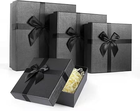 Black Gift Boxes for Presents, Set of 4 Nesting Gift Boxes with Lids, Luxury Gift Box for Valentine's Day,Christmas, Holiday, Birthdays, Weddings, and All Gift Giving Occasions
